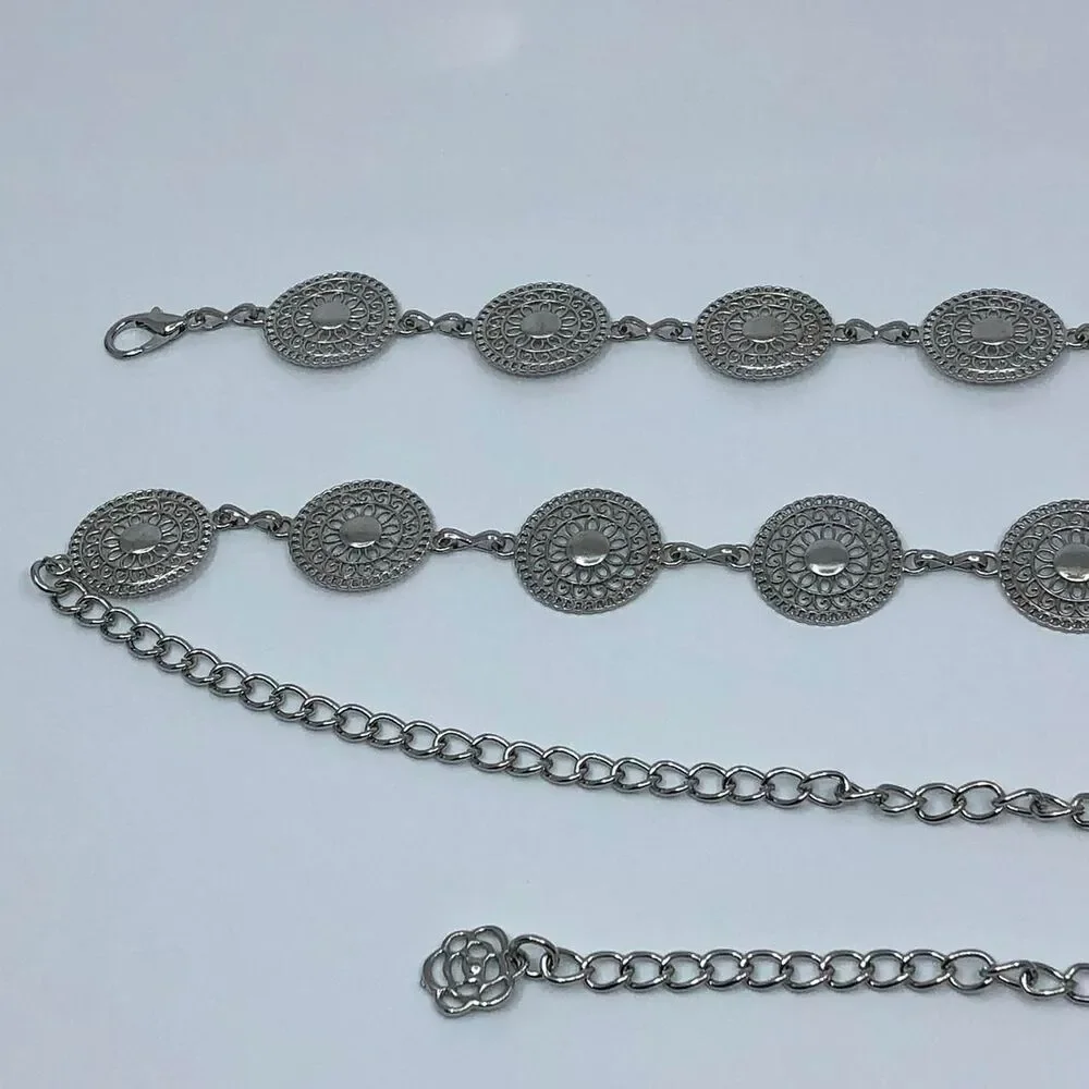 Vintage Y2K Boho Silver Mandala Circle Chain Belt, Fits 26.5–46 Inches, X7GA1166